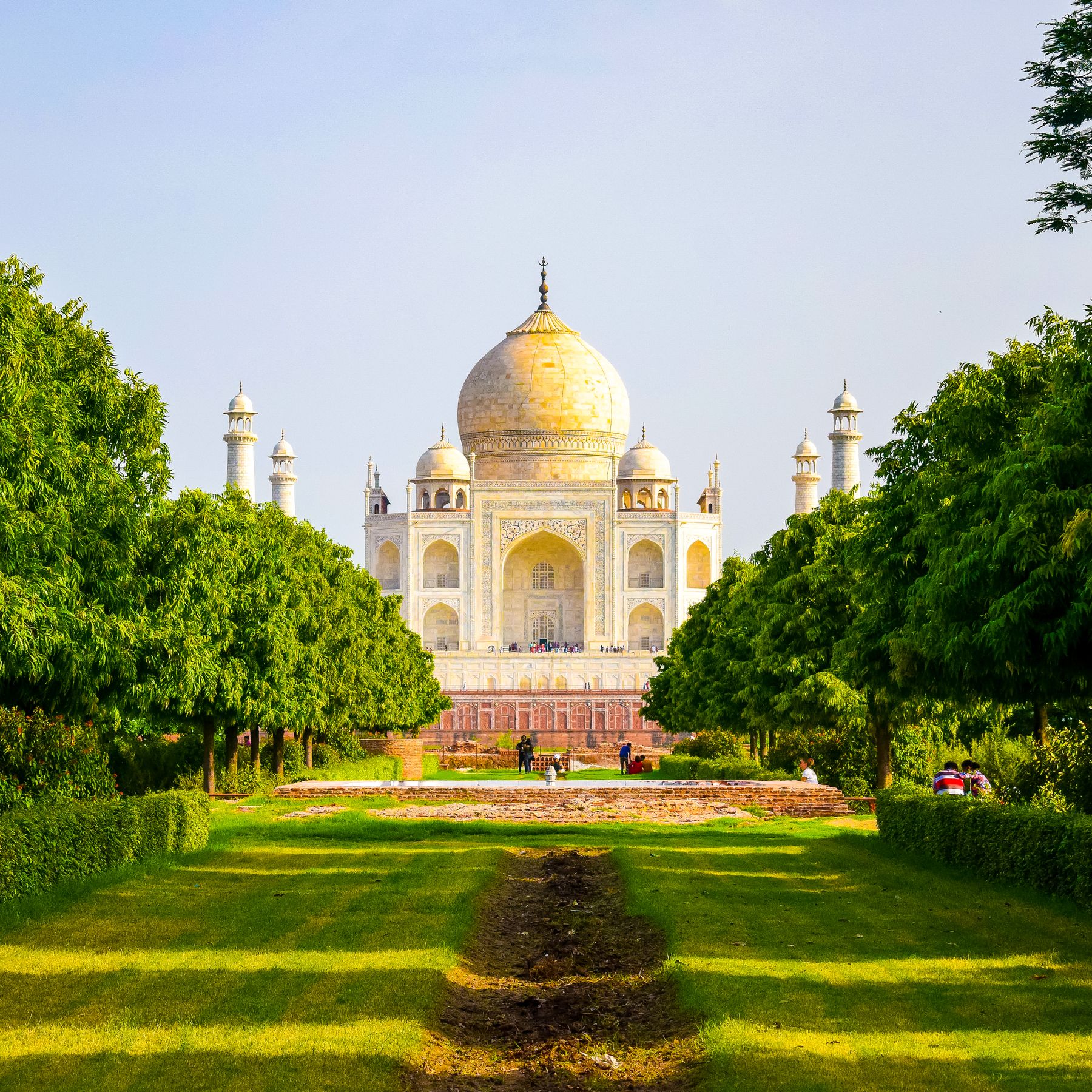 The Taj Mahal in Agra seen from its gardens on a clear day